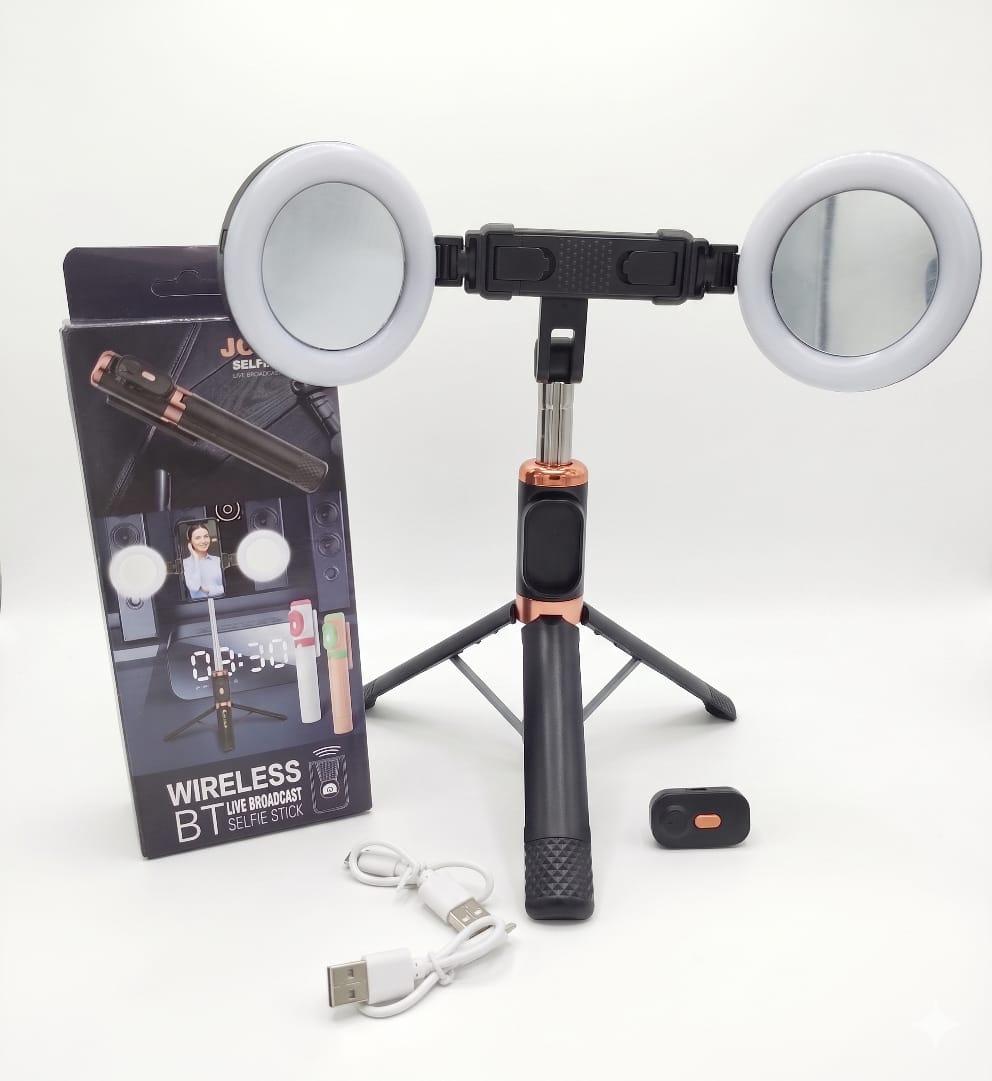 Tripoide selfie stick con doble Aro de luz led y control Bluetooth