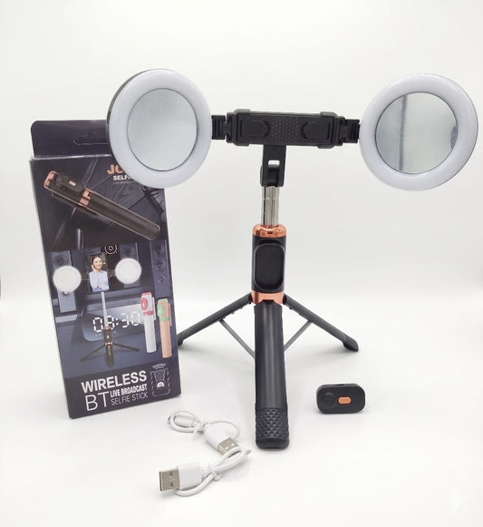 Tripoide selfie stick con doble Aro de luz led y control Bluetooth